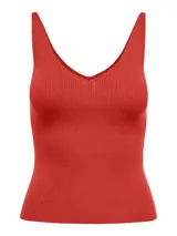 Top de punto color rojo, sin mangas, con escote en V y calce ajustado.