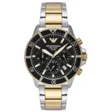 Reloj Emporio Armani modelo AR11680 para hombre, con caja de acero inoxidable bicolor de 43mm, esfera negra con acabado sunray, subesferas de cronógrafo, ventana de fecha a las 4, manecillas e índices luminosos, correa de acero inoxidable bicolor con cierre desplegable tipo mariposa y resistencia al agua de 10 ATM.