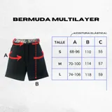 Bermuda negra de corte holgado con cintura doble. La cintura interior es elástica y presenta un estampado de camuflaje tipo bosque (Realtree). Posee cordón de ajuste frontal.