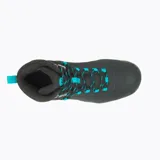 Bota de cuero negra impermeable con cordones turquesa, gancho metálico, lengüeta con fuelle y forro polar. Cuenta con 100 gramos de aislamiento sintético, plantilla Kinetic Fit™ BASE, varilla de arco de nailon moldeado, entresuela de espuma EVA y suela Vibram Arctic Grip.