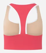 Top deportivo rosado de microfibra con escote nadador, copa desmontable, estampado frontal con la frase "athletics new york city" y vivos blancos en escote y sisas.