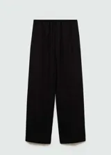 Pantalón de lino blanco, de corte recto, con cintura elástica y lazo de ajuste.