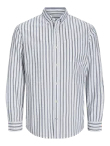 Camisa de manga larga a rayas verticales azules y blancas, con cuello abotonado, bolsillo en el pecho y corte regular.