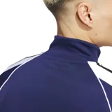 Campera Adidas color azul con detalles en blanco y negro, cierre frontal, cuello alto y bolsillos laterales.