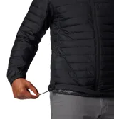 Campera Columbia con capucha, color verde oliva en la parte superior y gris claro en la parte inferior. Cuenta con cierre frontal, bolsillos laterales con cierre y logo de la marca en el pecho.