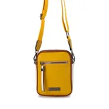Bandolera pequeña color mostaza con detalles en marrón y blanco. Tiene correa larga de galón regulable y desmontable en color amarillo.