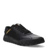 Zapatilla urbana Caterpillar Hex +, color negro, con exterior de cuero napa texturizado y detalles en amarillo. Presenta cordones negros y una suela robusta de goma con patrón hexagonal.
