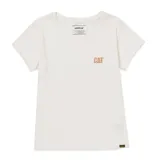 Remera blanca de manga corta con logo de Caterpillar estampado en el pecho.