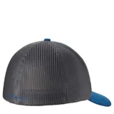 Gorra de béisbol Columbia color beige con paneles traseros de malla azul marino y logo de la marca bordado en el frente.