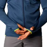 Campera polar Columbia Park View Fleece, color azul jaspeado, con cierre frontal completo, cuello alto, bolsillos laterales con cierre y bolsillo en el pecho con cierre vertical en color verde lima. Cuenta con tecnología Omni-Wick, puños elásticos con orificios para pulgares y protector de barbilla.