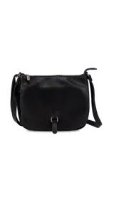 Bandolera marrón de cuero sintético con correa larga regulable, tapa con broche metálico, bolsillo principal con cierre y bolsillos internos organizadores.