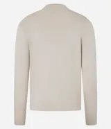 Sweater negro de punto con cuello redondo, puños y ruedo acanalados. Incluye cuello, puños y ruedo de camisa celeste a rayas.