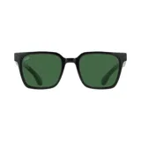Lentes de sol con marco cuadrado negro y lentes verdes.