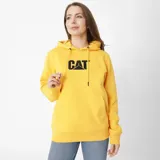 Buzo canguro negro de frisa con capucha ajustable con cordones y bolsillo frontal. Logotipo CAT bordado en el pecho.