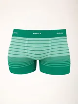 Boxer verde con rayas horizontales de diferentes tonos de verde y blanco. Elástico ancho en la cintura con la marca "PRILI" repetida en blanco.