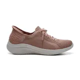 Championes deportivos Skechers Slip-ins Ultra Flex 3.0, color rosa, con tecnología Hands Free Slip-Ins y Heel Pillow para un ajuste cómodo y seguro. Capellada de knit técnico Stretch Fit con cordones decorativos y plantilla con amortiguación Skechers Air-Cooled Memory Foam.