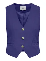 Chaleco azul de lino y viscosa con cuello en V, cierre frontal con tres botones y bolsillos delanteros.