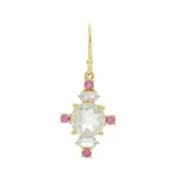 Caravanas colgantes de 2,5 cm en plata 925 bañada en oro 18 K, con prasiolita verde central, topacios azules y rubíes alrededor.