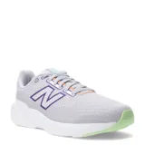 Championes grises con detalles en blanco, violeta y verde, ideales para running.