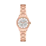 Reloj Fossil Gilmore de acero inoxidable color oro rosa, con caja redonda de 28 mm y esfera plateada con acabado satinado.