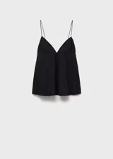 Top negro de algodón con tirantes finos, escote en V y bordado floral.