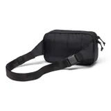 Riñonera negra Columbia Trail Traveler, con logo blanco estampado en el frente, dos compartimentos con cierre y correa ajustable.