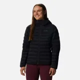 Campera con capucha de plumas, color negro, con cierre frontal completo y logo de la marca en el pecho.