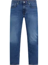 Pantalón de jean azul con efecto desgastado, corte recto y tiro medio.