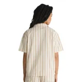 Camisa de manga corta de algodón con estampado en tonos beige y blanco, con cuello clásico y botones.