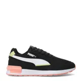 Championes Puma Graviton de mujer, color blanco hueso con detalles en azul eléctrico, rosado y suela de goma color caramelo. Presentan una combinación de malla, gamuza y material sintético.