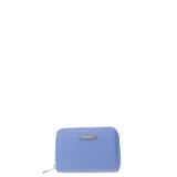 Billetera pequeña de cuero sintético color lila con cierre perimetral y logo metálico de la marca.