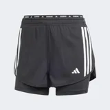 Shorts deportivos Adidas Own The Run 2 en 1, color negro, con tres franjas blancas verticales en los laterales. Presenta un short exterior de corte regular y un short interior ceñido. La cintura elástica lleva la inscripción "RUNNING".