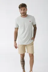 Remera celeste de corte clásico con cuello redondo y manga corta. Estampado pequeño en el pecho.