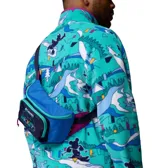 Riñonera azul con bolsillo negro con logo de Columbia y Mickey's Outdoor Club. Tiene correa ajustable y cierre con cremallera. Edición especial de la colaboración entre Columbia y Disney.