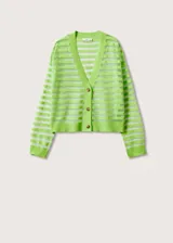 Cardigan corto color verde lima con rayas horizontales transparentes y botones marrones.