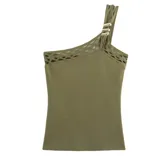Musculosa verde oliva de un solo hombro, con detalle de tejido calado y argollas doradas en el bretel.