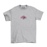 Remera gris jaspeada con estampado en la espalda de un hombre con barba y gafas de sol rosas, con texto circular en tonos celestes y rosados.