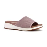 Sandalias bajas de mujer, marca Korium, color rosa, con capellada textil suave y suela blanca.