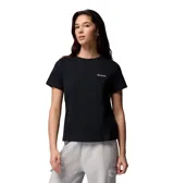 Remera de manga corta, color negro, con cuello redondo acanalado y un pequeño logo de Columbia estampado en blanco en el pecho.