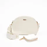 Bandolera blanca con correa ancha de tela y monedero pequeño con cierre.