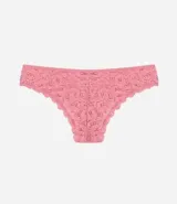 Bombacha bikini de encaje floral color celeste con lazo y dije colgante.