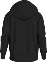 Buzo negro con capucha, cierre frontal completo, bolsillos laterales y cinta con logo de Calvin Klein en los hombros.