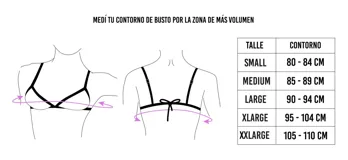 Corpiño de bikini con forma de triángulo movible, de lycra estampada con patrón de pata de gallo en blanco y negro, con ribete fucsia y pasantes regulables. Se ata en la espalda.