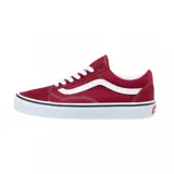 Zapatillas Vans Old Skool de gamuza color bordó con la línea lateral blanca y cordones blancos.