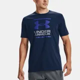 Remera Under Armour azul con logo y nombre de la marca estampados en el pecho.