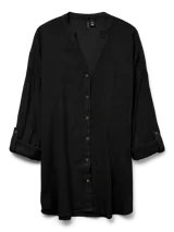 Camisa larga negra de algodón con cuello en V, mangas 3/4 amplias con botón y calce suelto.