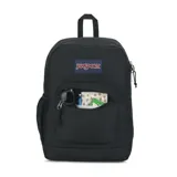 Mochila JanSport negra, modelo Cross Town Plus, con compartimento acolchado para laptop, base reforzada, espalda acolchada, bolsillo frontal con cierre y bolsillo lateral de malla. Logo de JanSport en el frente.
