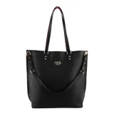 Bolso tote grande color negro, con doble asa de hombro y correa bandolera extraíble. Presenta un logo dorado con forma de labios en el centro y organizador interno.