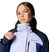 Campera Columbia Snowy Summit para mujer, en tonos gris y blanco. Impermeable y transpirable, con costuras selladas, forro termorreflectante Omni-Heat, capucha ajustable compatible con casco, faldón antinieve, múltiples bolsillos y puños con orificios para los pulgares.