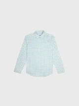 Camisa de manga larga con patrón de cuadros en tonos azul y blanco, confeccionada en mezcla de algodón y elastano para mayor comodidad.